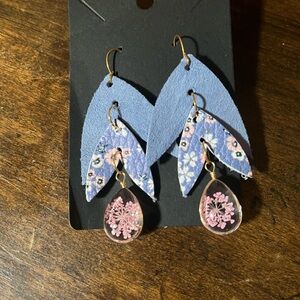 Floral Blue and Pink Teardrop Handmade Leather Earrings